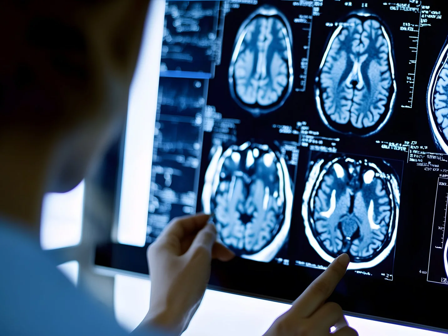 Close-up of a doctor reviewing multiple MRI brain scans on a computer screen. The images show detailed cross-sections of the human brain. Medizinisches Fachpersonal betrachtet mehrere MRT-Aufnahmen eines menschlichen Gehirns auf einem Leuchtbildschirm.