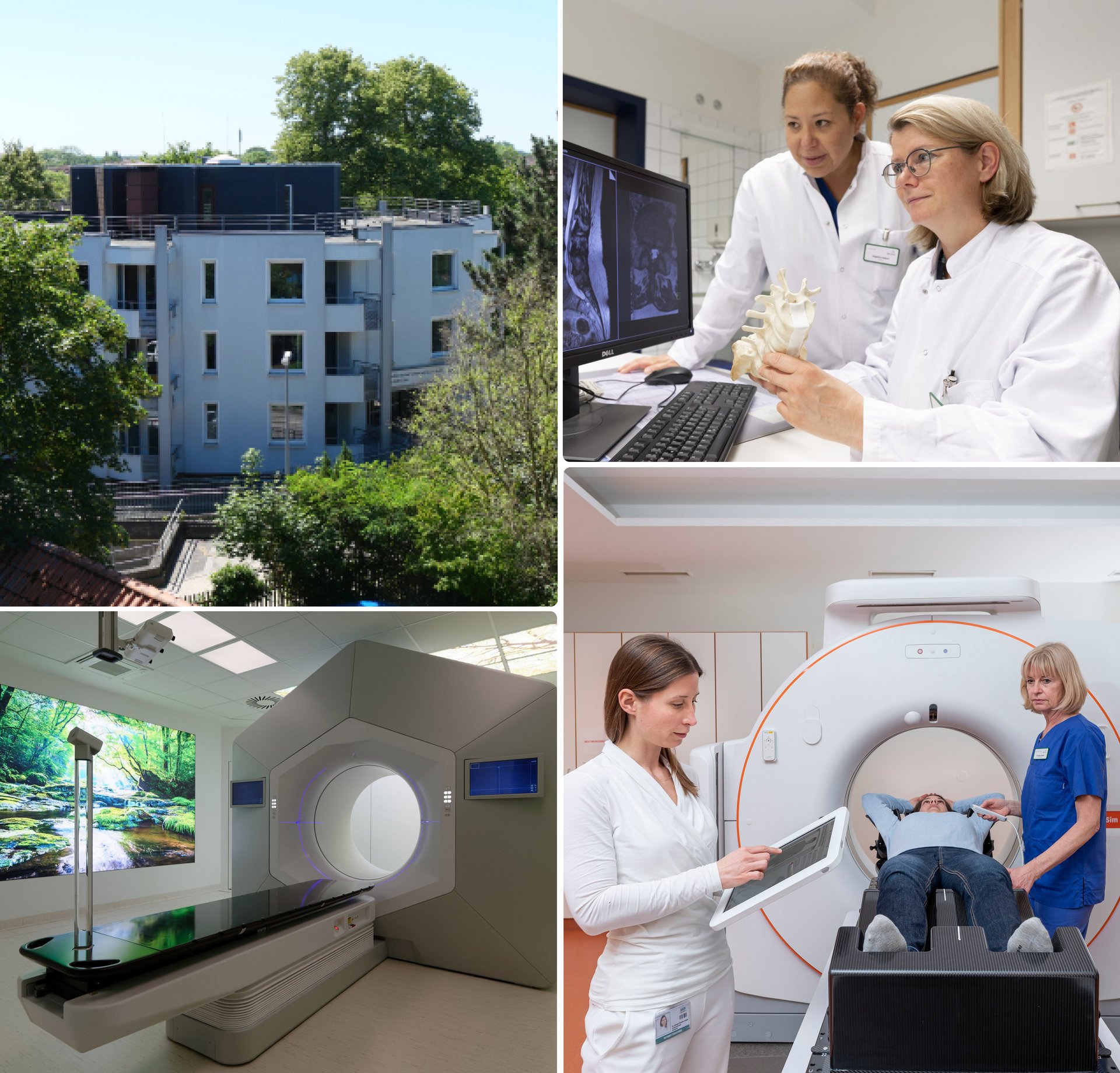 Collage mit Klinikgebäude, Ärzt:innen vor Bildschirmen, moderner Empfangsbereich und Patientin bei bildgebender Untersuchung.